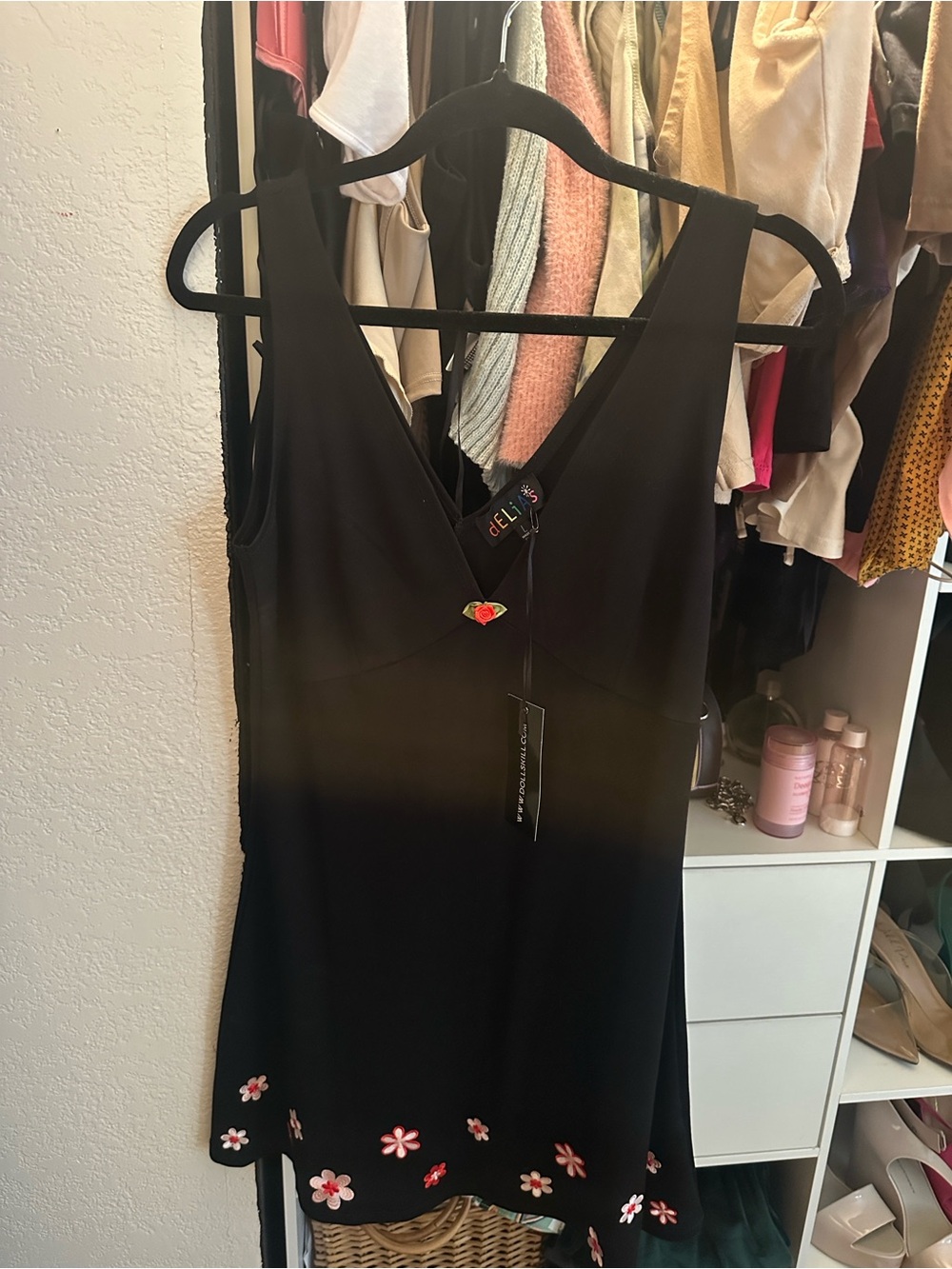 dELiA*s Black V-Neck Mini Dress with Pink & Red Floral Trim - Picture 5 of 6